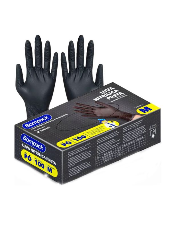 LUVA NITRILICA BOMPACK SEM PO M PRETA CX 100UN